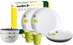 Geschirrset Melamin BRUNNER Space 8-tlg.  je 2 Suppen-, Essteller, Müslischale, Henkel becher Fb. weiß / grau / lime