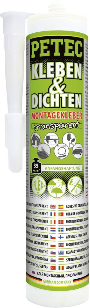 Adhésif de montage Petec Collage et étanchéité transparent, contenance 290 ml